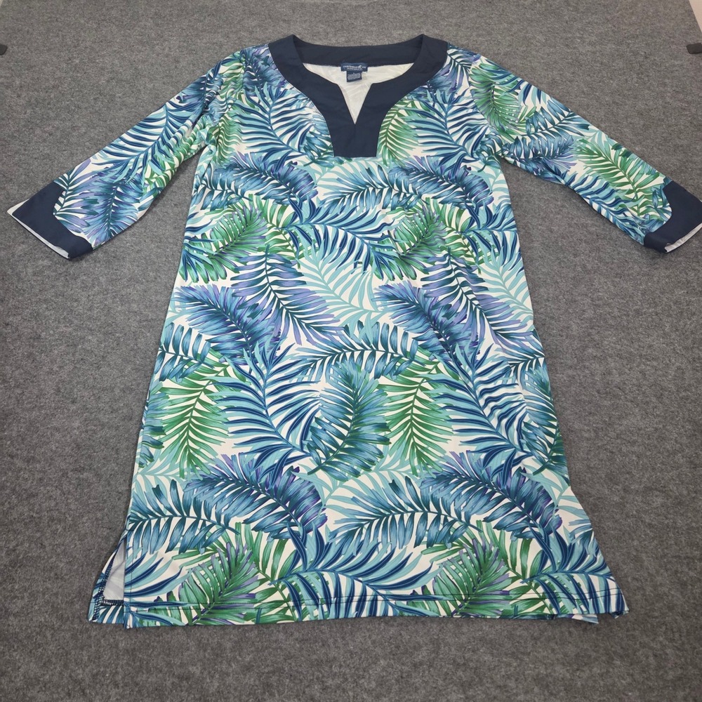Caribbean Joe Womens Tropical Palm Leaf Dress Blue Green 3/4 Sleeve Resort